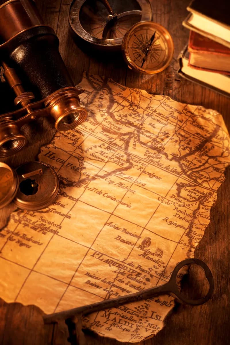 An antique world map with a compass and brass instruments